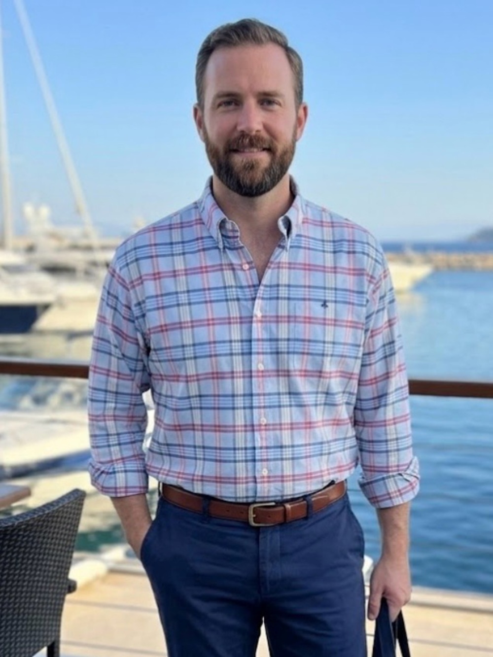 Brooks Brothers Light Blue Plaid Button-Down Shirt with Red and Navy Stripes